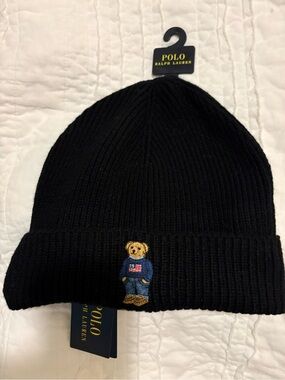 Ralph Lauren Black Knit Bear Cuffed Beanie